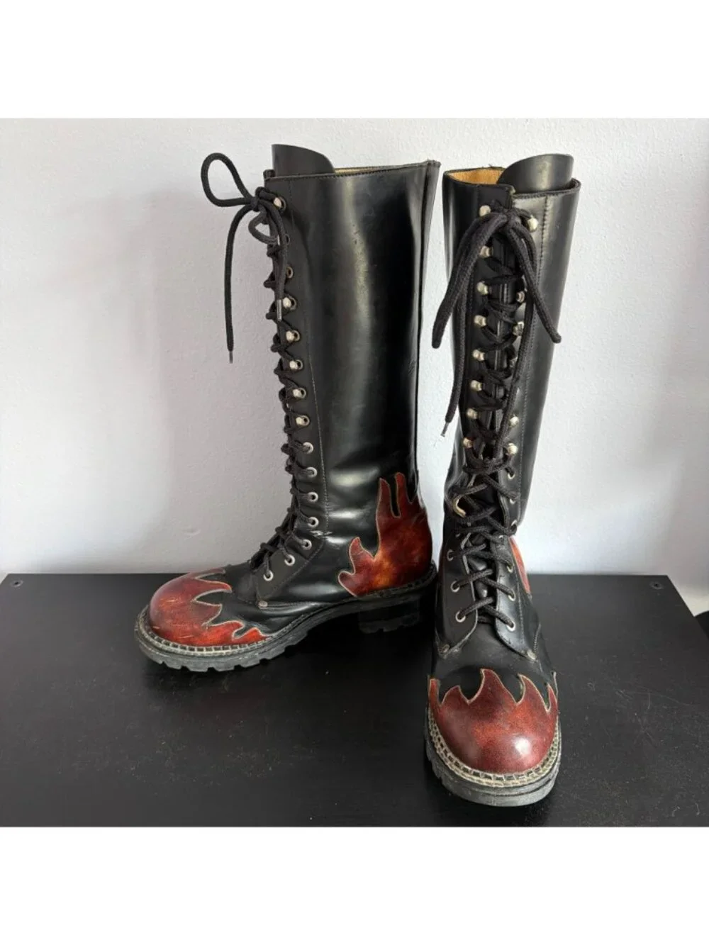 Vintage 90s Smack Leather Lace Up Boots Mens Size 10 Flame Patchwork Moto Goth